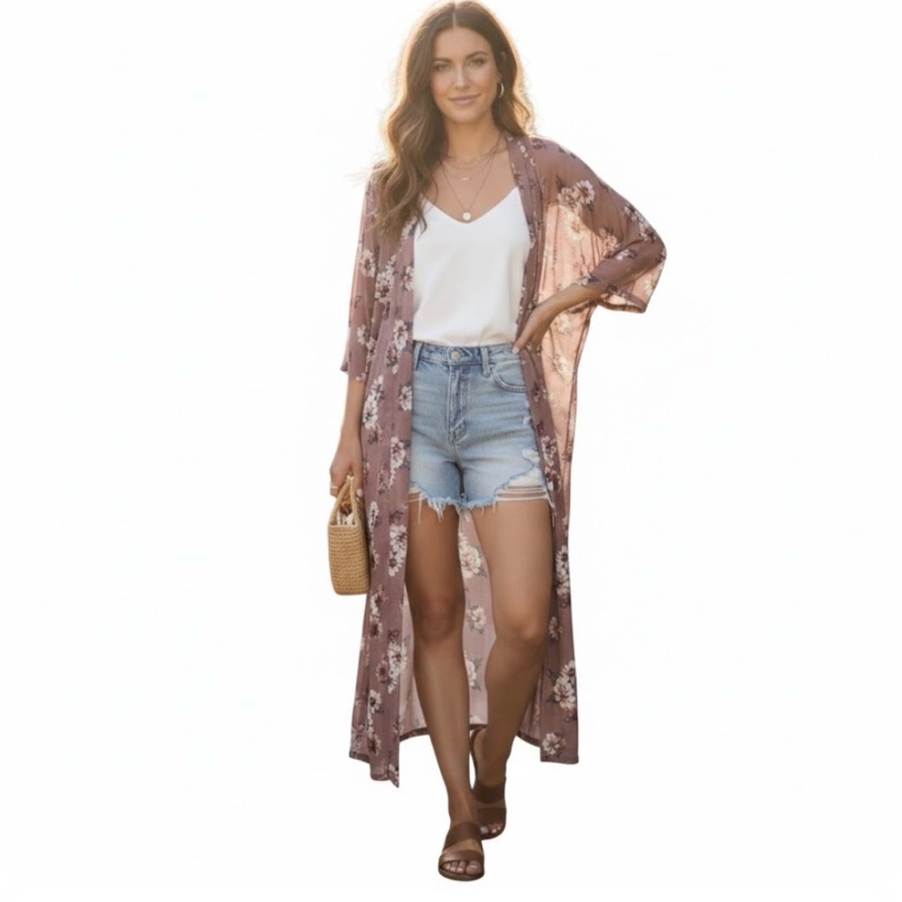 Sadie & Sage Floral Kimono in Pink and Cream